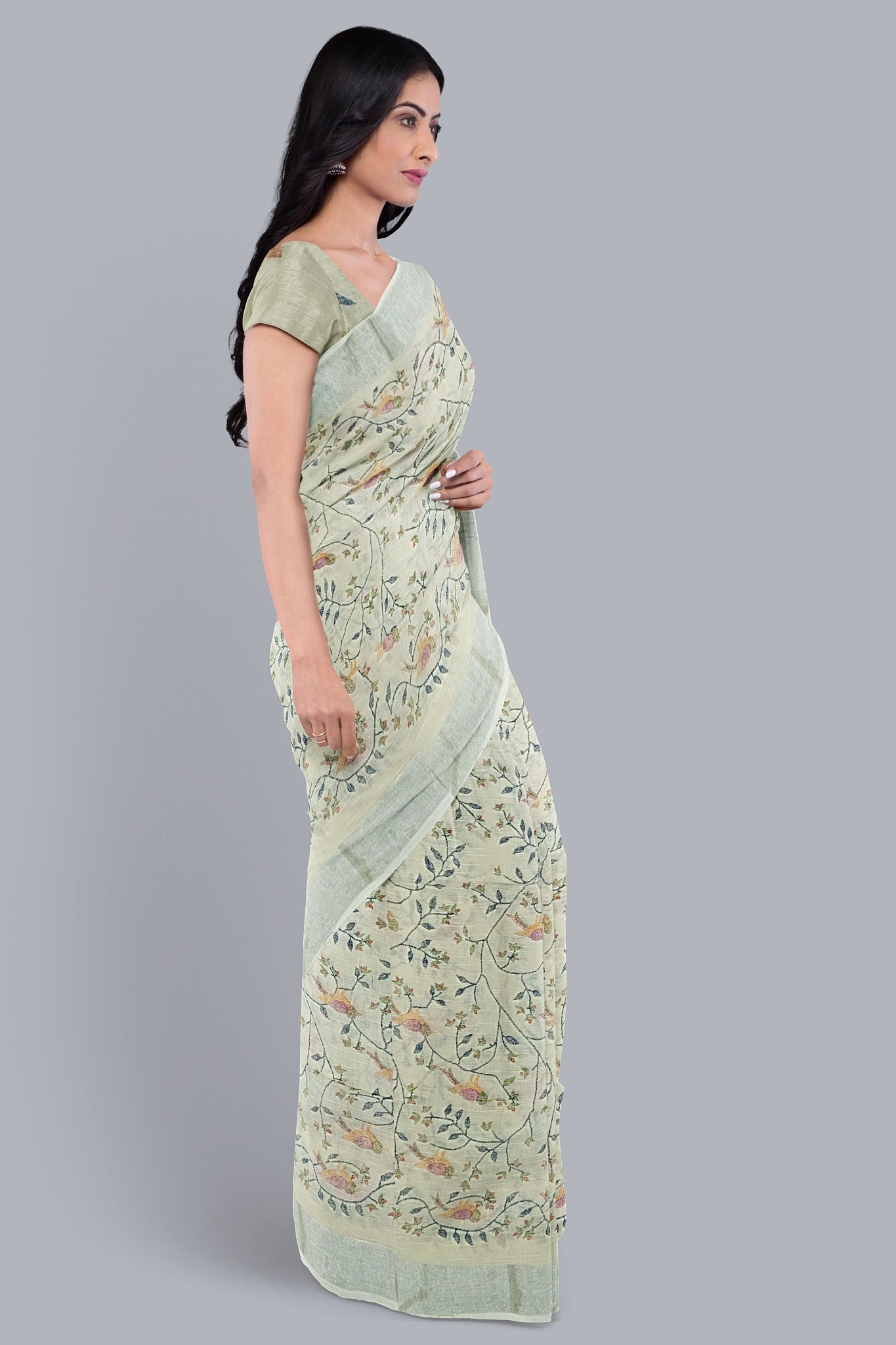Elegant Handloom Saree in Cream with Navy Blue Tree Design.DN NO.-1070