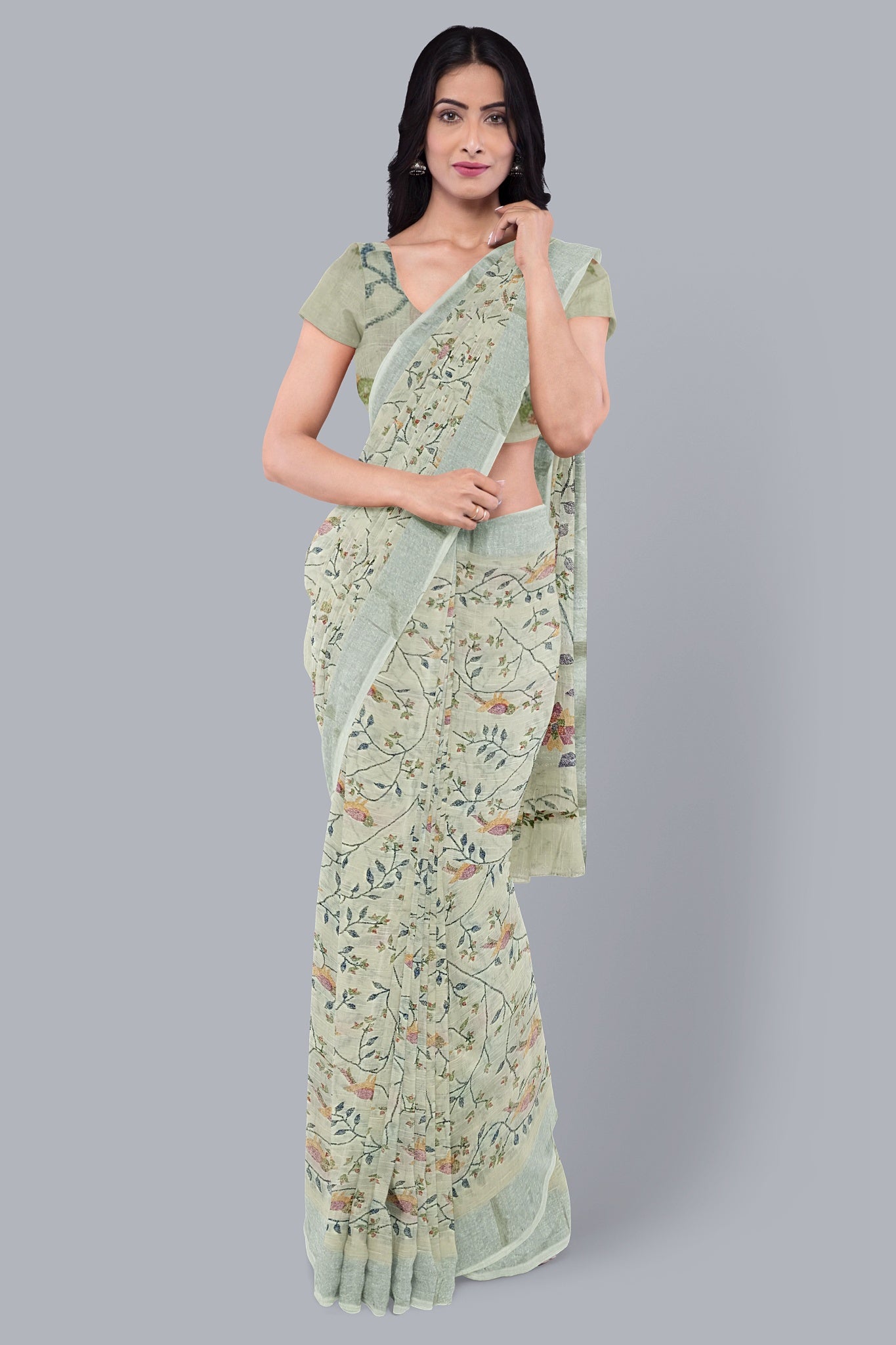 Elegant Handloom Saree in Cream with Navy Blue Tree Design.DN NO.-1070