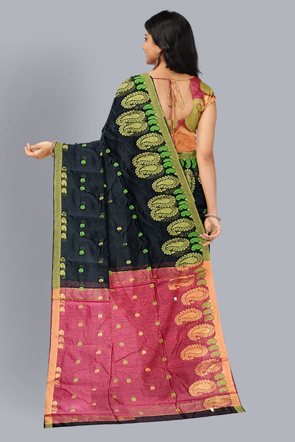 Regal Handloom Saree in Black with Green and Golden Accents,DN NO-1080