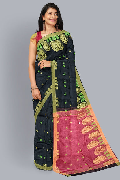 Regal Handloom Saree in Black with Green and Golden Accents,DN NO-1080