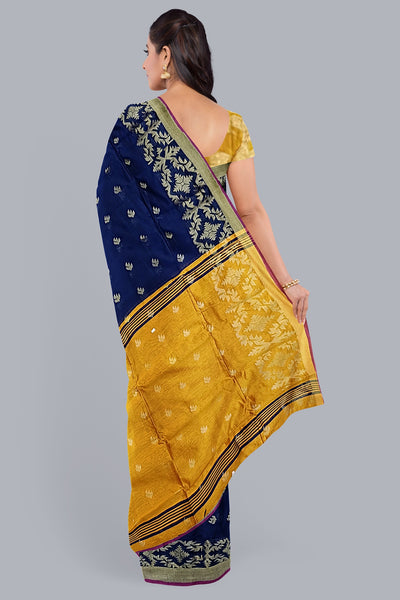 Luxurious Handloom Saree in Navy Blue with Golden Accents