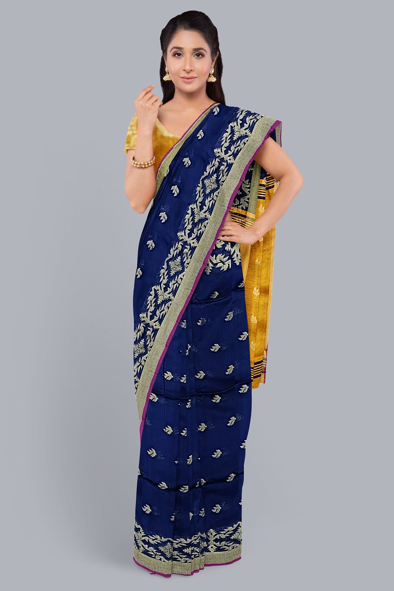 Luxurious Handloom Saree in Navy Blue with Golden Accents