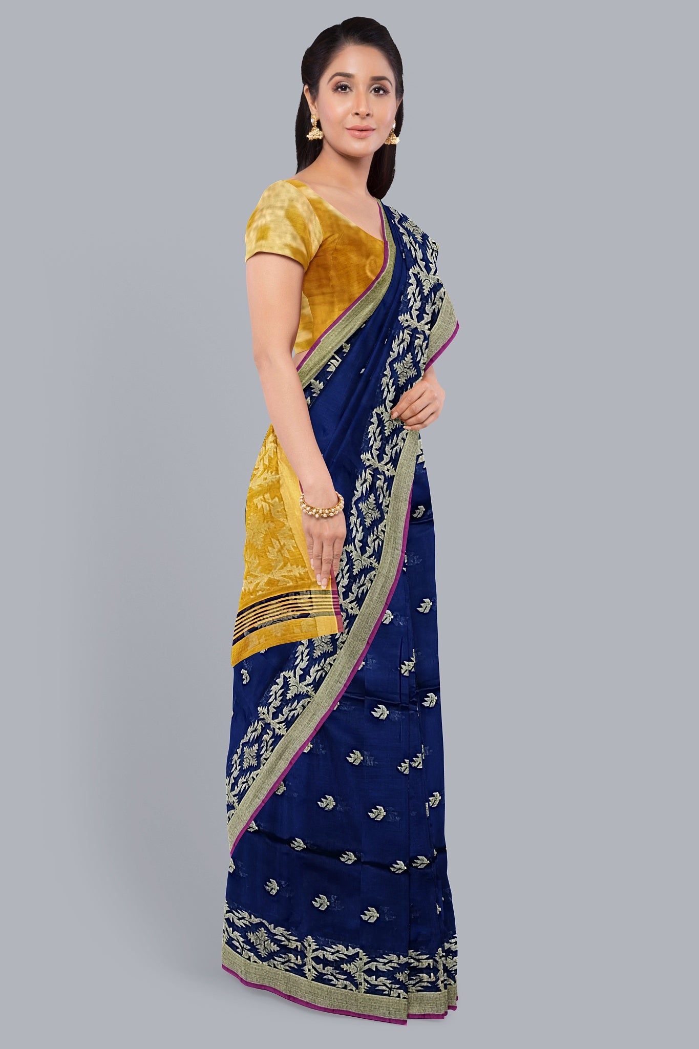 Luxurious Handloom Saree in Navy Blue with Golden Accents