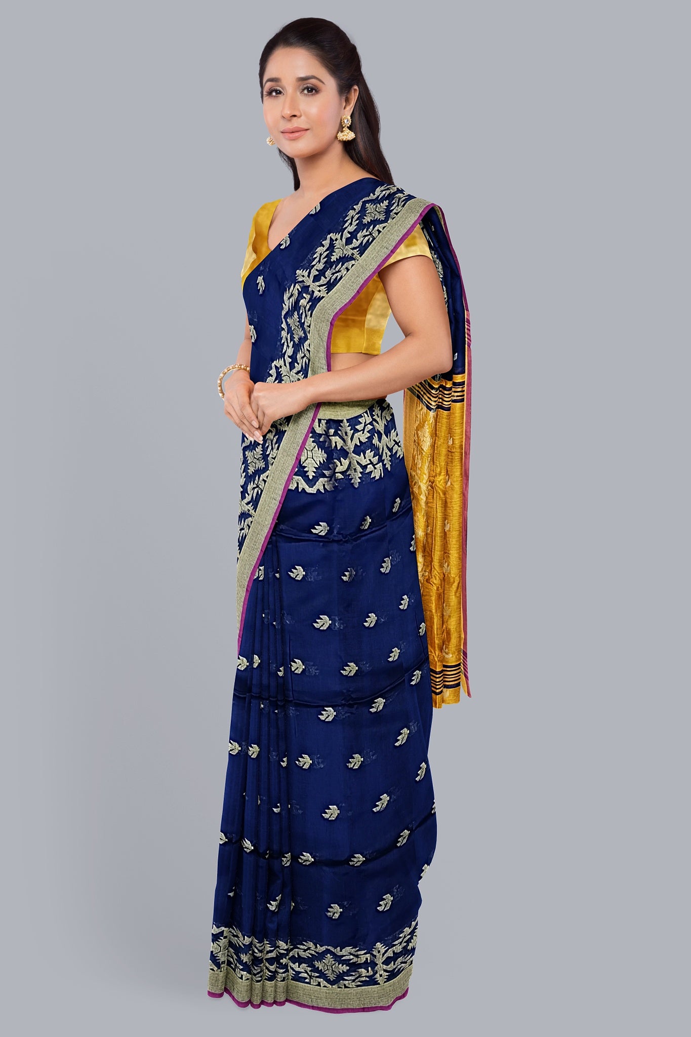 Luxurious Handloom Saree in Navy Blue with Golden Accents