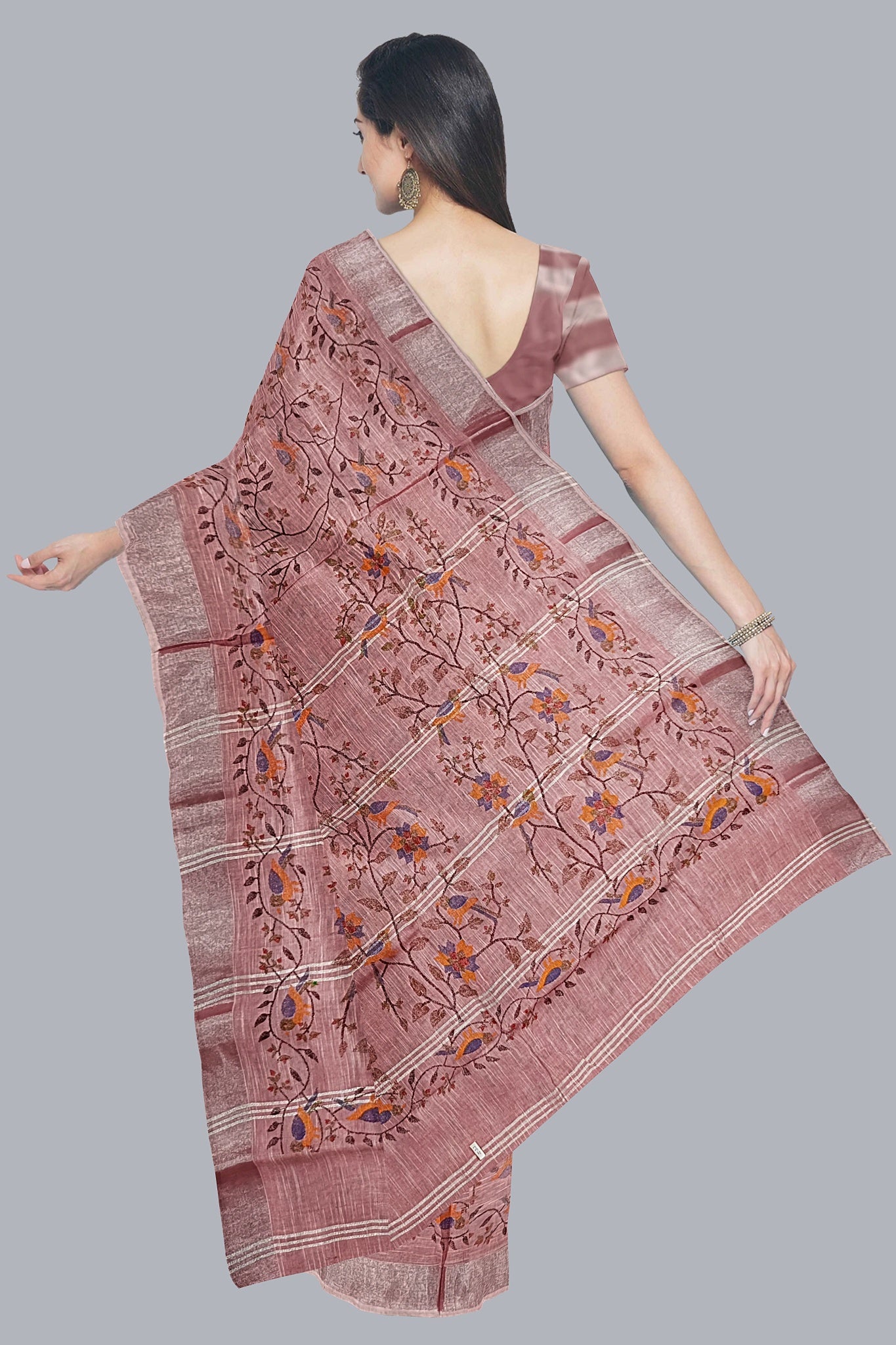 Elegant Handloom Saree in Strawberry with Tree Design