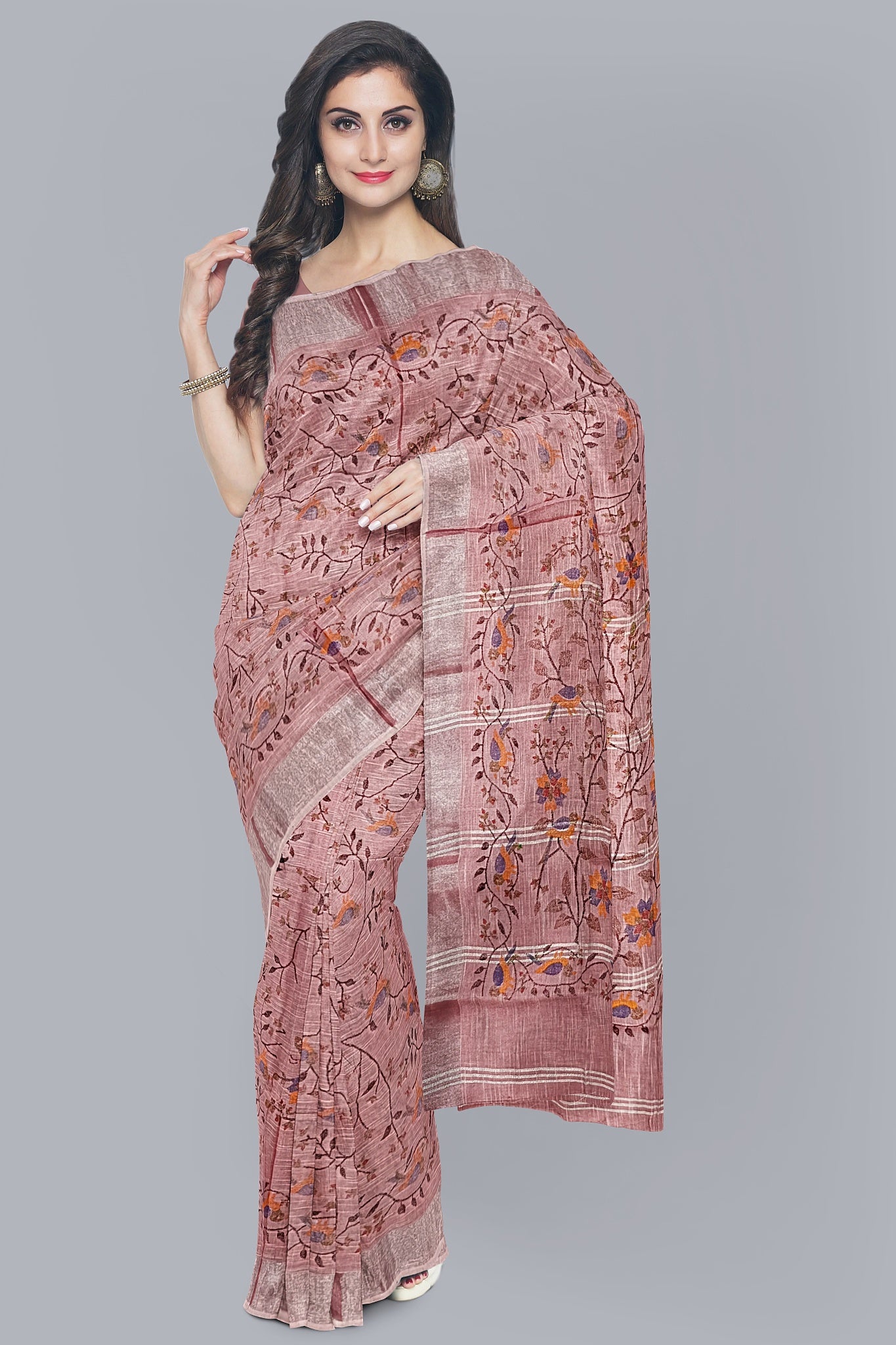 Elegant Handloom Saree in Strawberry with Tree Design