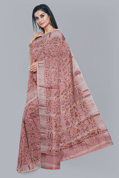 Elegant Handloom Saree in Strawberry with Tree Design,DN NO-1077