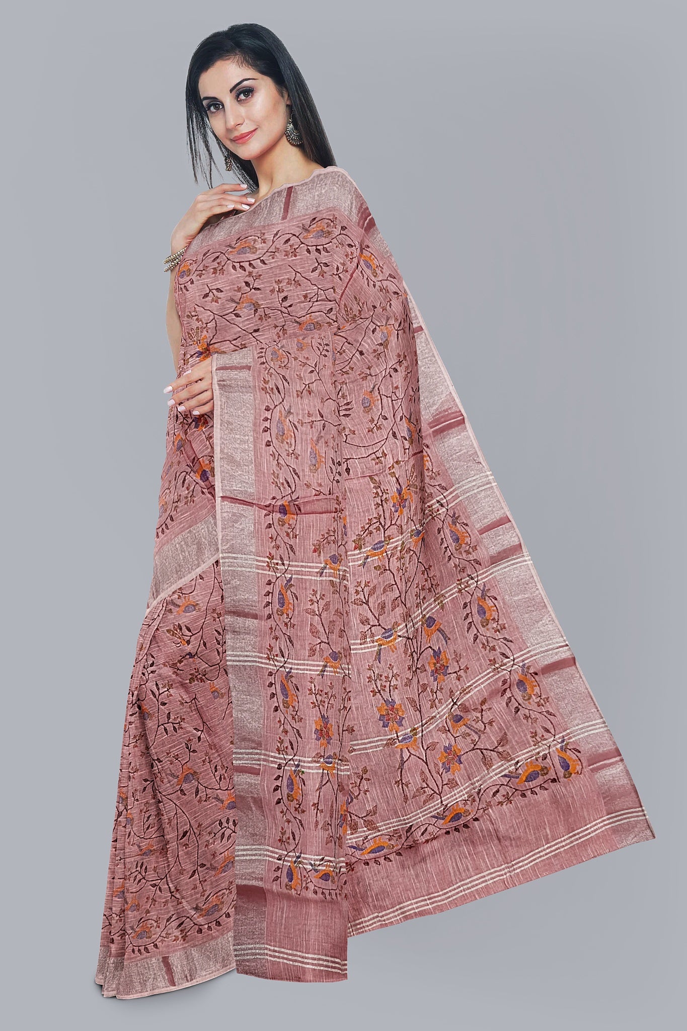 Elegant Handloom Saree in Strawberry with Tree Design