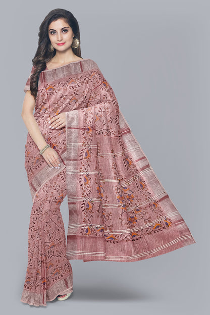 Elegant Handloom Saree in Strawberry with Tree Design,DN NO-1077