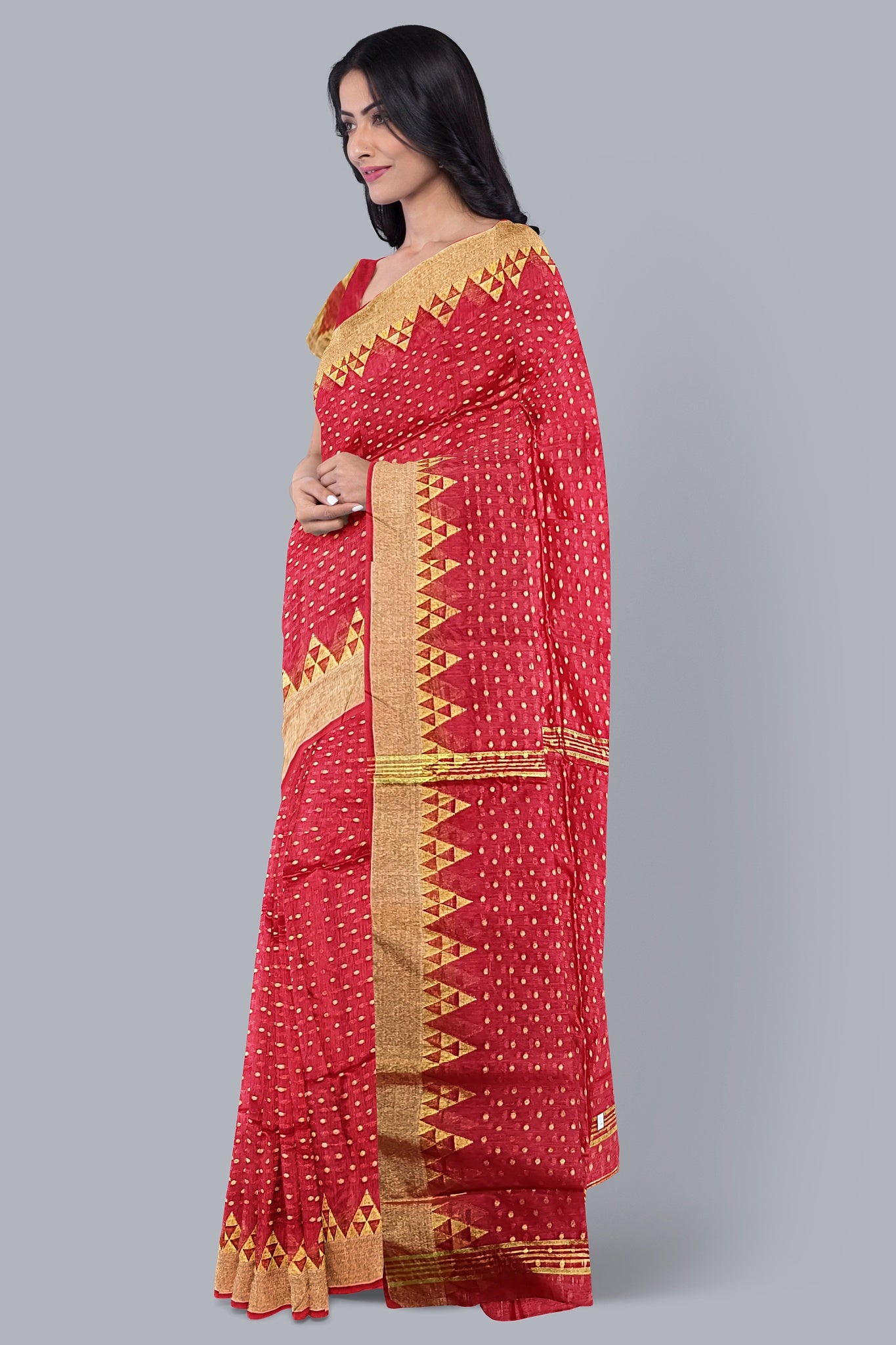 Luxurious Handloom Saree in Red with Golden Accents,DN NO-1084