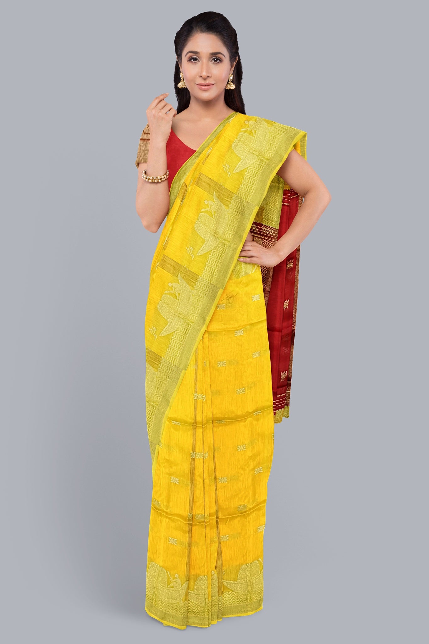 Elegant Handloom Saree in Yellow with Golden Boat Motif,DN NO-1072