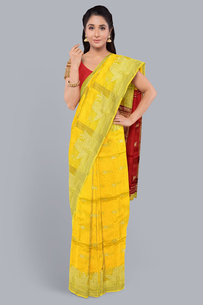 Elegant Handloom Saree in Yellow with Golden Boat Motif,DN NO-1072