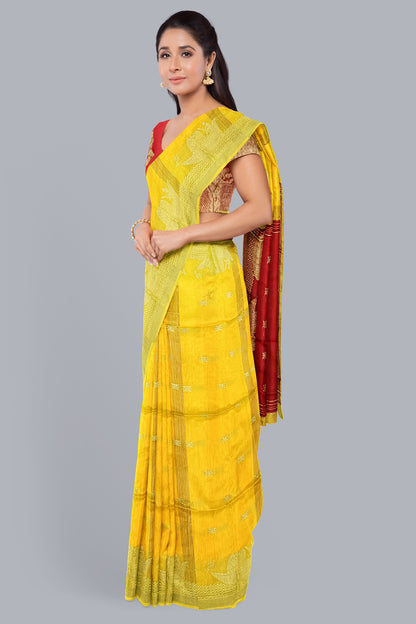 Elegant Handloom Saree in Yellow with Golden Boat Motif,DN NO-1072