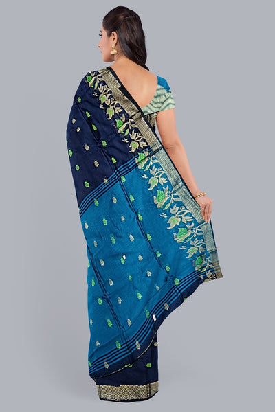 Regal Handloom Saree in Navy Blue with Vibrant Accents