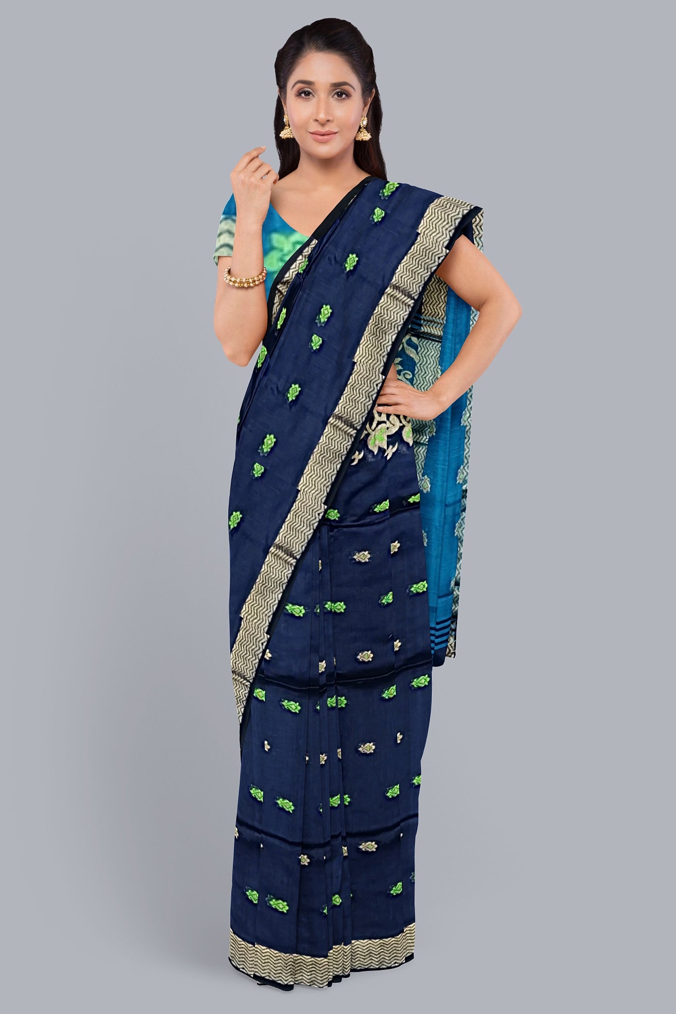 Regal Handloom Saree in Navy Blue with Vibrant Accents