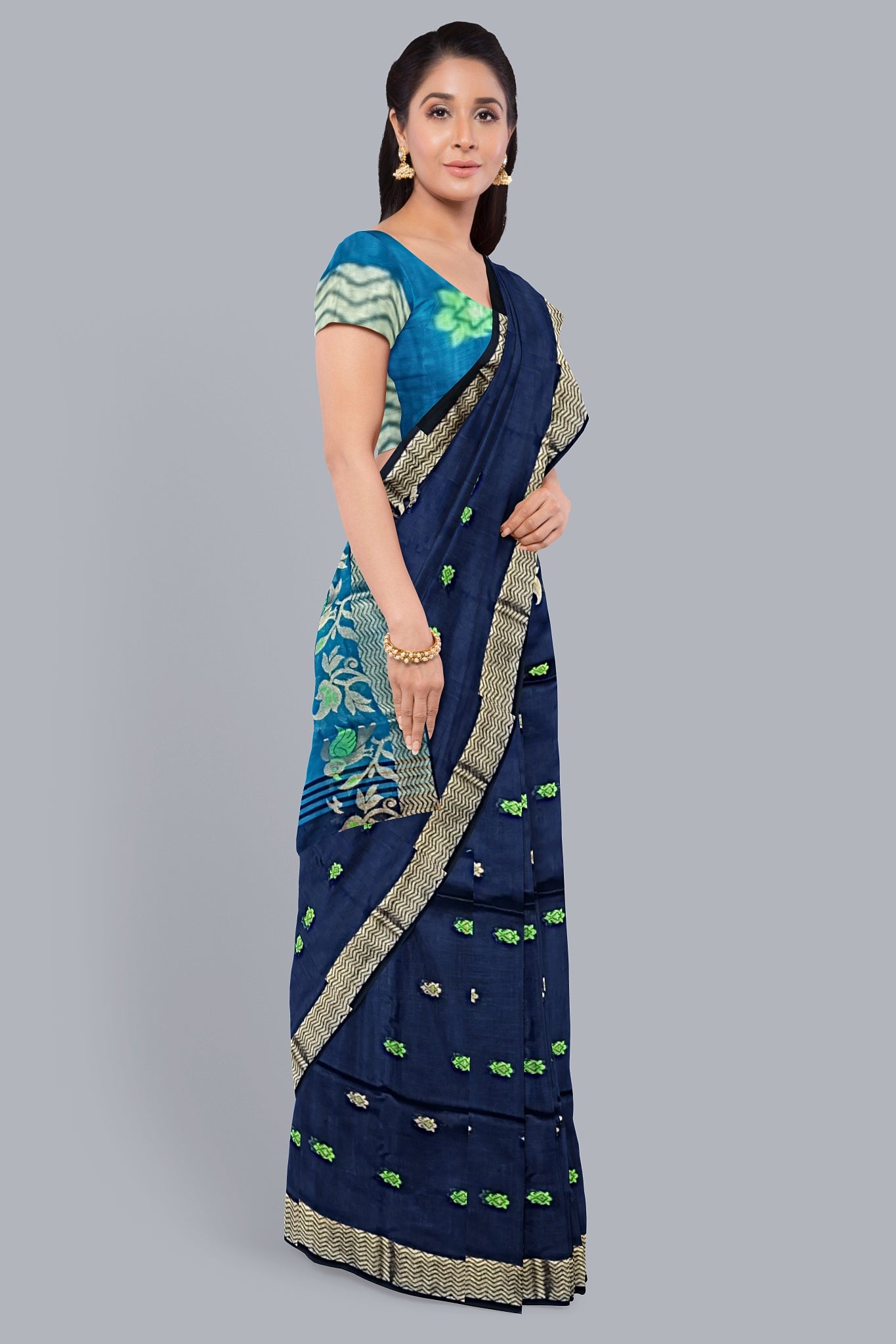 Regal Handloom Saree in Navy Blue with Vibrant Accents