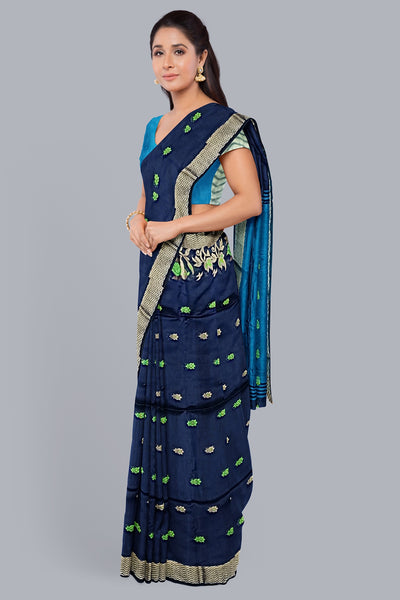 Regal Handloom Saree in Navy Blue with Vibrant Accents