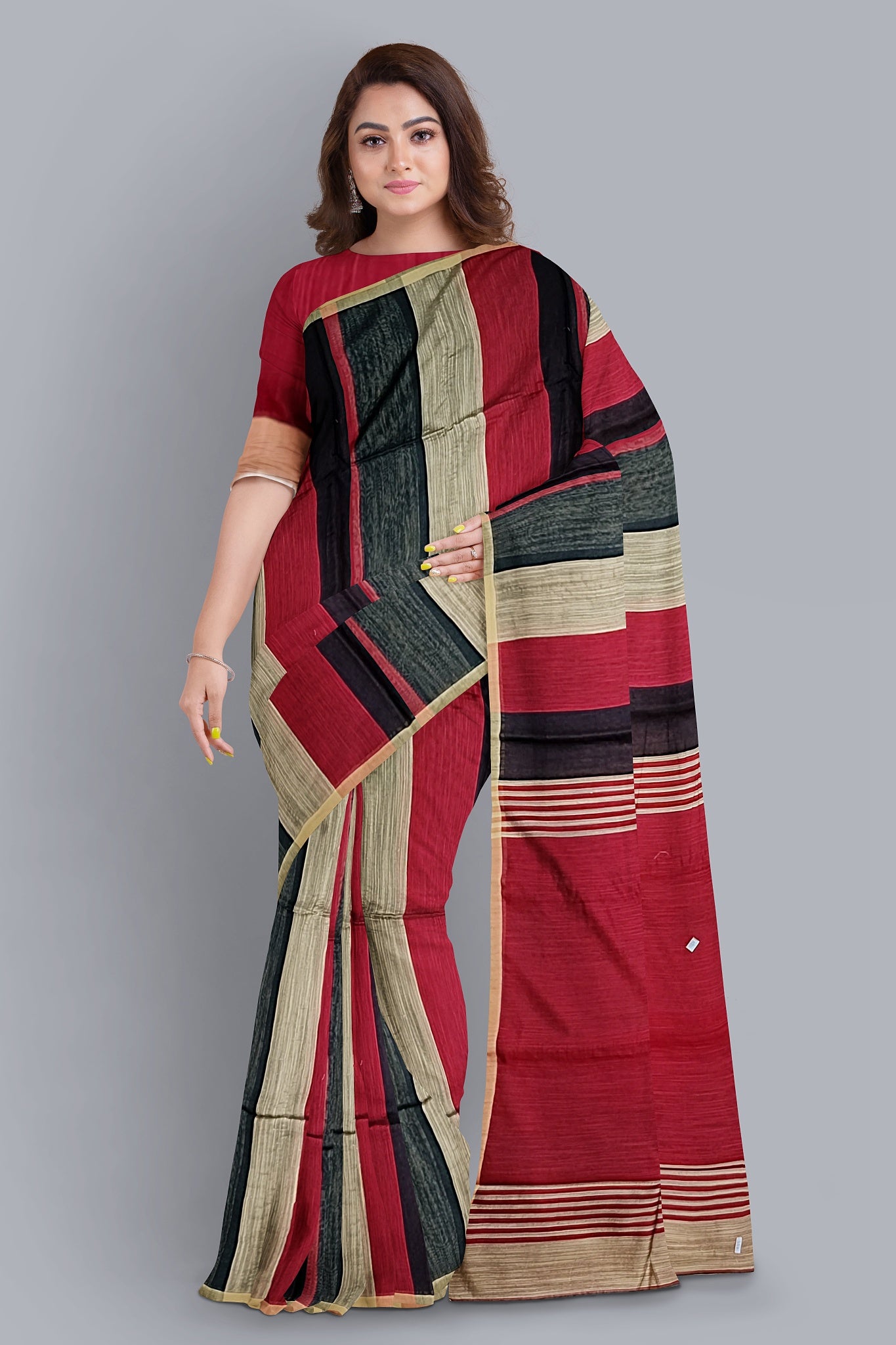 Elegant Handloom Saree with Striped Design in Red, Black, and Biscuit