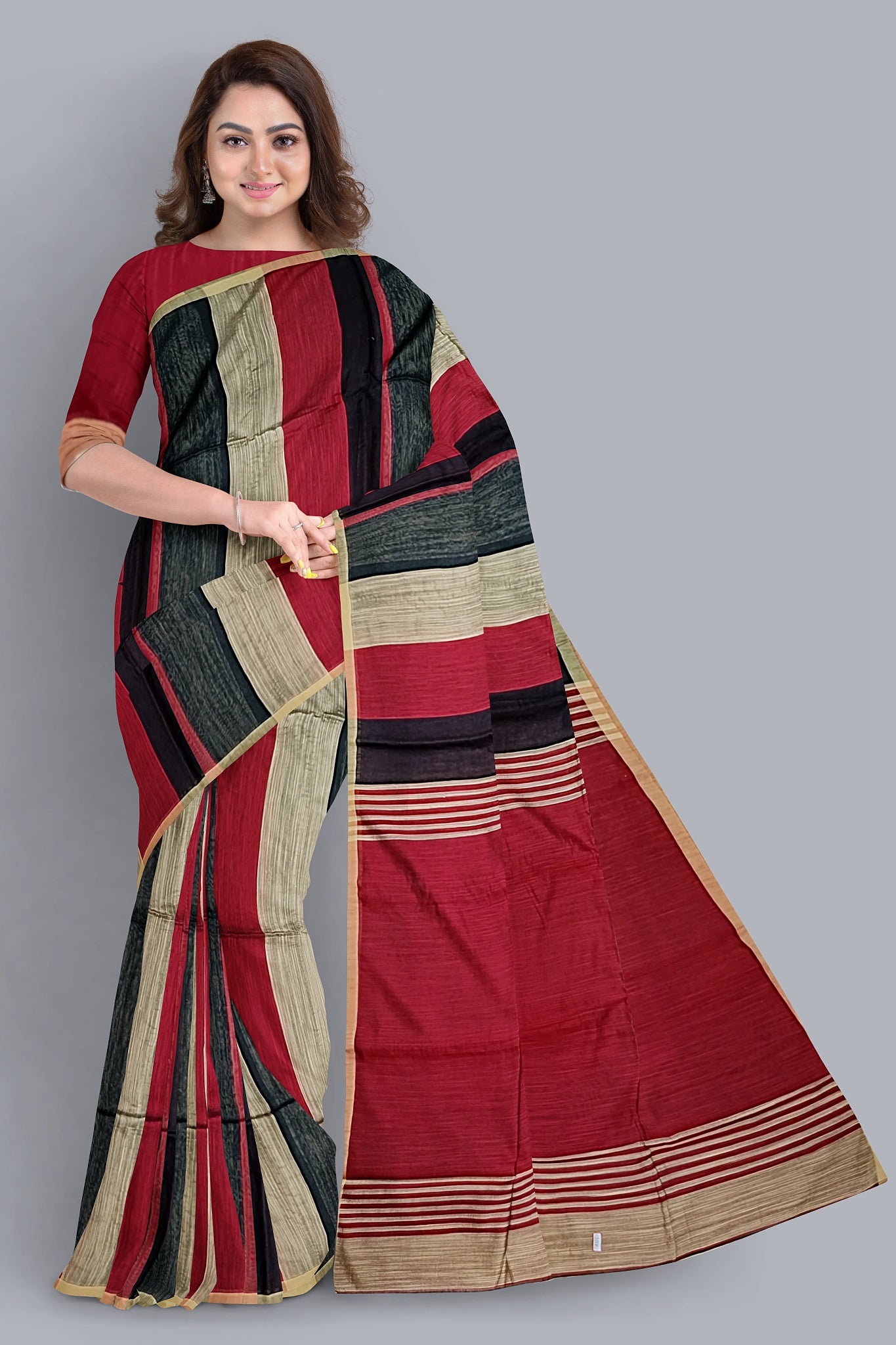 Elegant Handloom Saree with Striped Design in Red, Black, and Biscuit