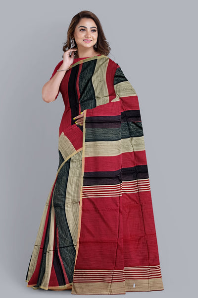 Elegant Handloom Saree with Striped Design in Red, Black, and Biscuit