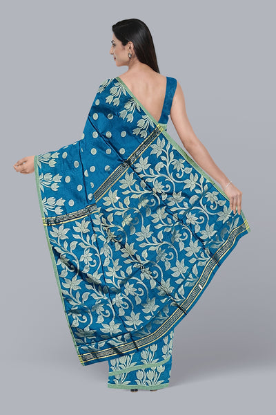 Exquisite Handloom Saree in Firoza with Golden Rasogulla Design