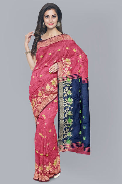 Elegant Handloom Saree in Strawberry with Navy Blue Contrast Pallu,DN NO-1074
