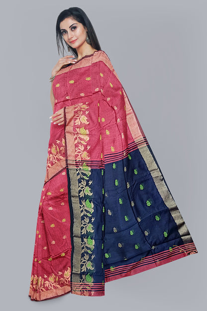Elegant Handloom Saree in Strawberry with Navy Blue Contrast Pallu,DN NO-1074