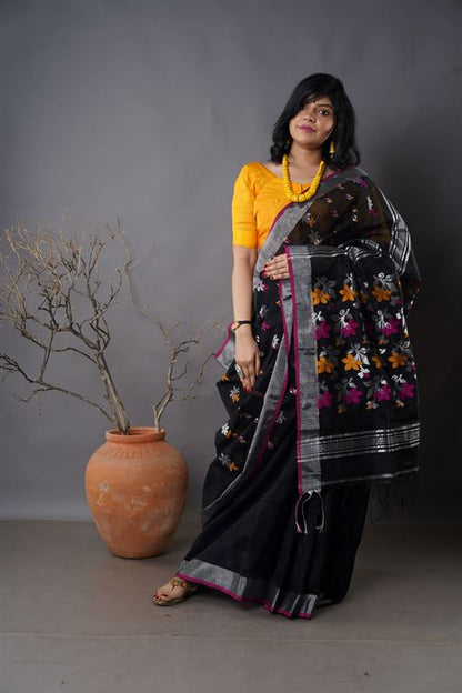 Traditional Soft Mulmul black colour Bengal Handloom Pure Cotton Saree Without Blouse Piece.DN NO-1061
