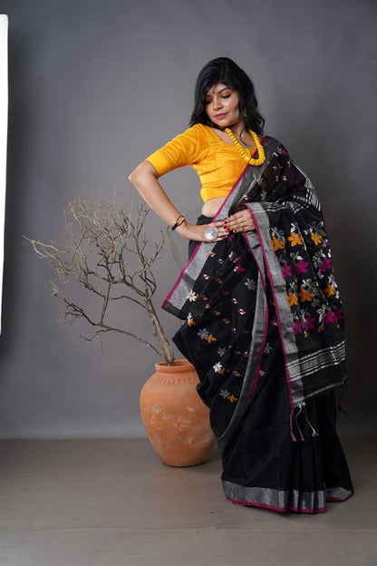 Traditional Soft Mulmul black colour Bengal Handloom Pure Cotton Saree Without Blouse Piece.DN NO-1061