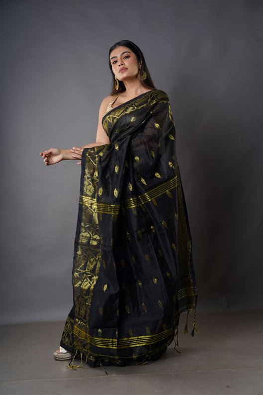 Traditional Soft Mulmul navy blue colour Bengal Handloom Pure Cotton Saree Without Blouse Piece