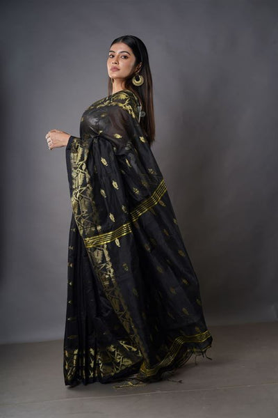 Traditional Soft Mulmul navy blue colour Bengal Handloom Pure Cotton Saree Without Blouse Piece