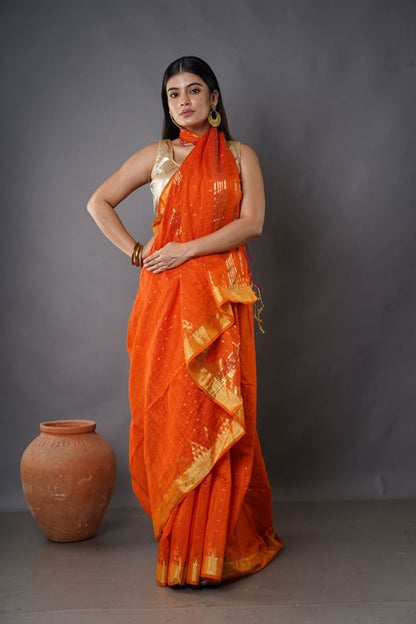 Traditional Soft Mulmul orang colour Bengal Handloom Pure Cotton Saree Without Blouse Piece.DN NO-1056