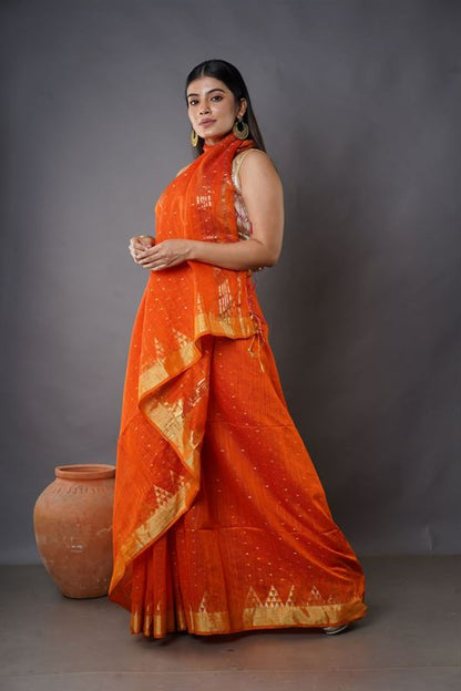Traditional Soft Mulmul orang colour Bengal Handloom Pure Cotton Saree Without Blouse Piece.DN NO-1056