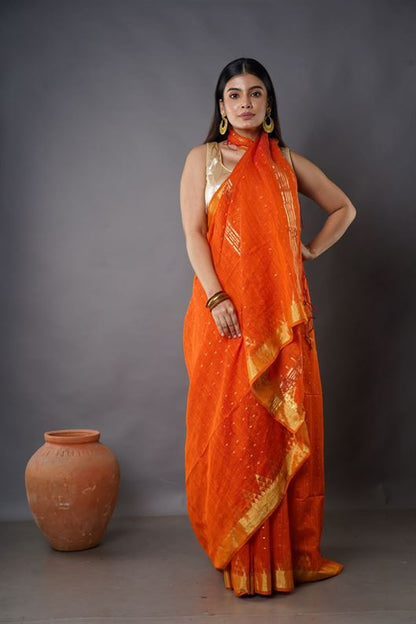 Traditional Soft Mulmul orang colour Bengal Handloom Pure Cotton Saree Without Blouse Piece.DN NO-1056