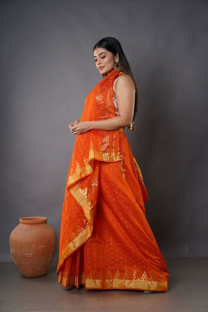 Traditional Soft Mulmul orang colour Bengal Handloom Pure Cotton Saree Without Blouse Piece.DN NO-1056