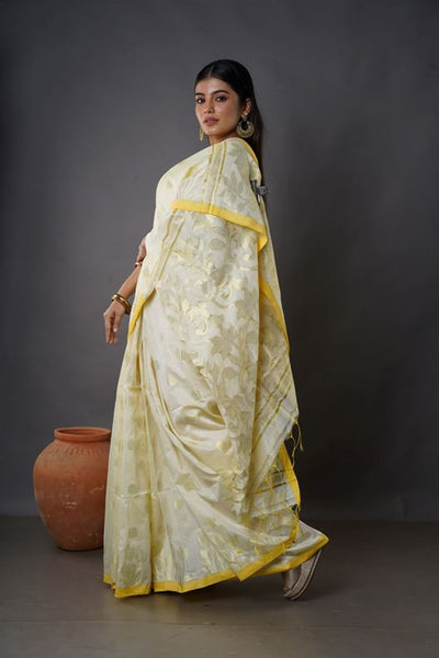 Traditional Soft Mulmul golden colour Bengal Handloom Pure Cotton Saree Without Blouse Piece.