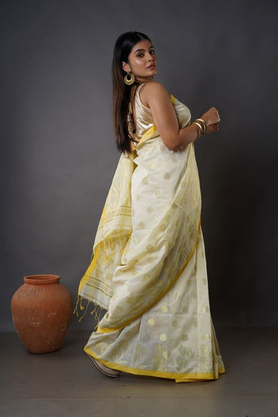 Traditional Soft Mulmul golden colour Bengal Handloom Pure Cotton Saree Without Blouse Piece.