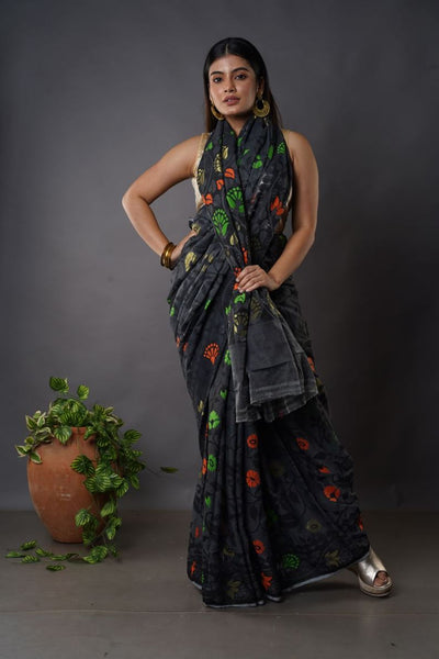 Traditional Bengal Soft Jamdani Saree with black colour   combination ,Handwove | Item Length: 5.5 Metres Width: 1.2 Meters | Without Blouse Piece.