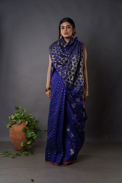 Traditional Soft Mulmul navy blue colour Bengal Handloom Pure Cotton Saree Without Blouse Piece.DN NO-1048
