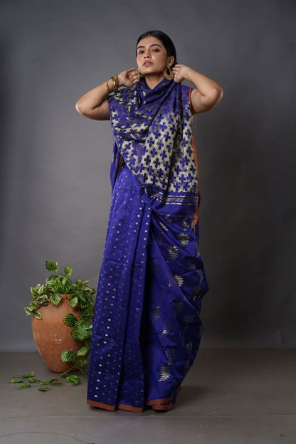 Traditional Soft Mulmul navy blue colour Bengal Handloom Pure Cotton Saree Without Blouse Piece.DN NO-1048