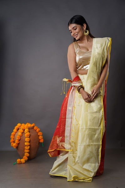 Traditional Soft Mulmul cream & red colour Bengal Handloom Pure Cotton Saree Without Blouse Piece.DN NO-1038