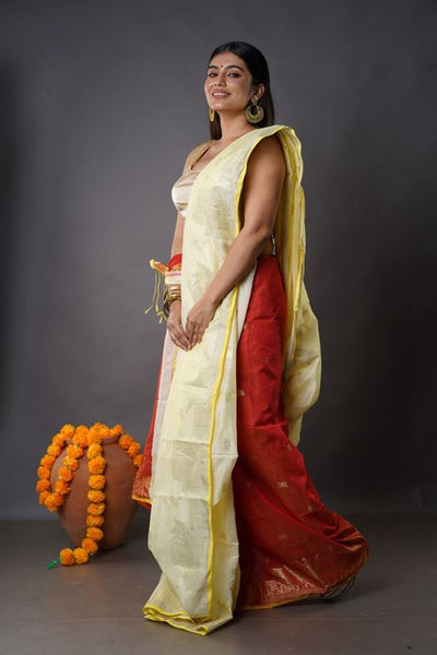 Traditional Soft Mulmul cream & red colour Bengal Handloom Pure Cotton Saree Without Blouse Piece.DN NO-1038