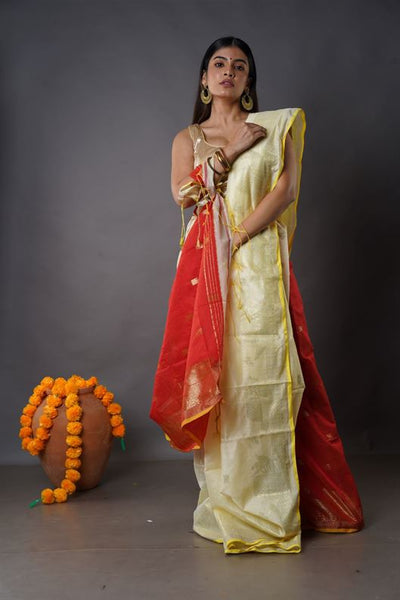 Traditional Soft Mulmul cream & red colour Bengal Handloom Pure Cotton Saree Without Blouse Piece.DN NO-1038