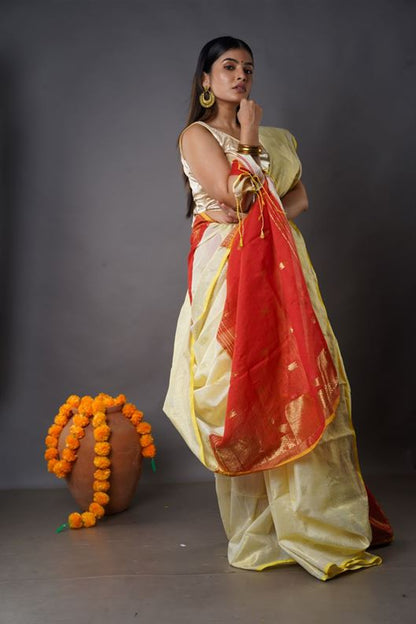 Traditional Soft Mulmul cream & red colour Bengal Handloom Pure Cotton Saree Without Blouse Piece.DN NO-1038
