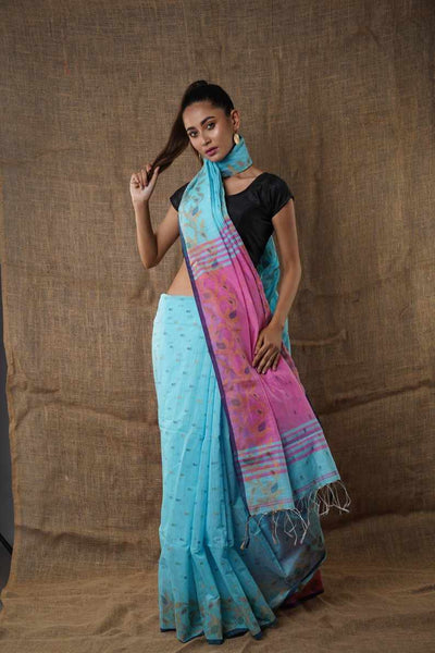 Traditional Soft Mulmul lite sky & pink colour Bengal Handloom Pure Cotton Saree Without Blouse Piece.