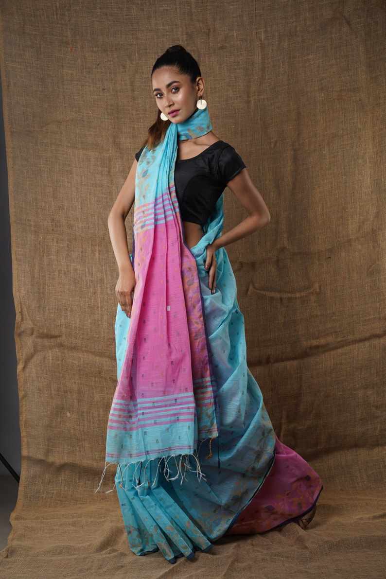 Amab introducing Women`s Traditional Soft Mulmul lite sky & pink colour Bengal Handloom Pure Cotton Saree Without Blouse Piece.