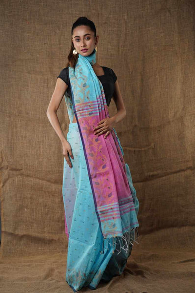 Traditional Soft Mulmul lite sky & pink colour Bengal Handloom Pure Cotton Saree Without Blouse Piece.