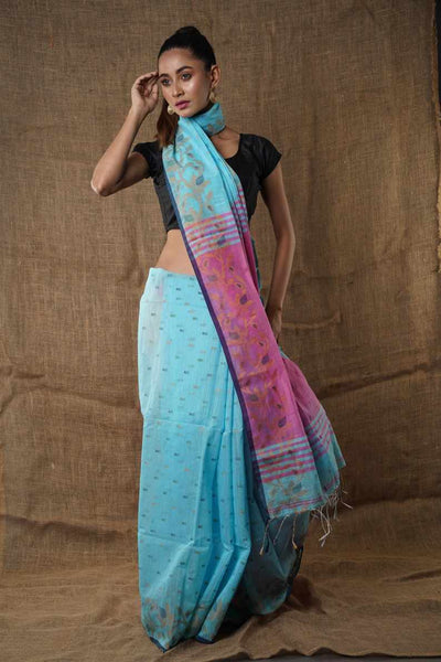 Amab introducing Women`s Traditional Soft Mulmul lite sky & pink colour Bengal Handloom Pure Cotton Saree Without Blouse Piece.