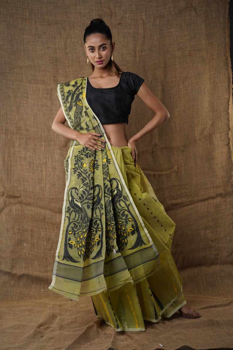 Traditional Bengal Cotton Silk Soft Jamdani Saree with Pesta green colour combination ,Handwoven in the Rich Heritage of Bengal Minakari Dhakai | Item Length: 5.5 Metres Width: 1.2 Meters | Without Blouse Piece.