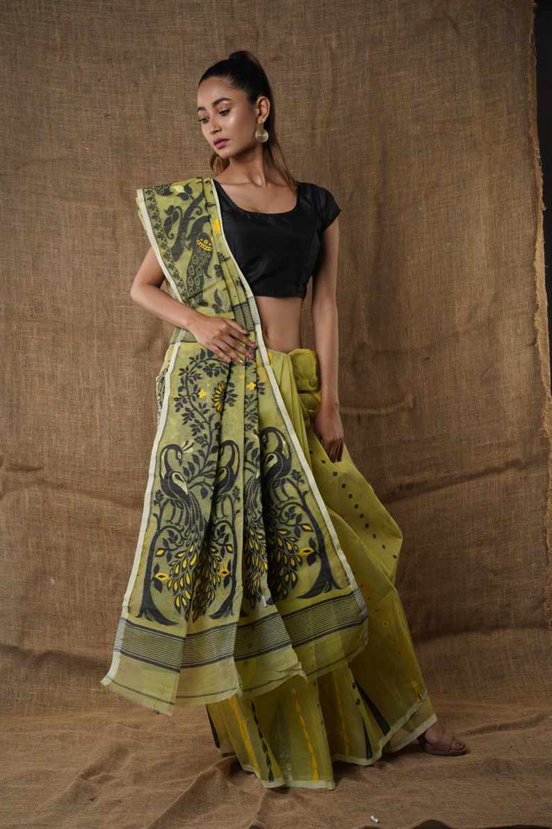 Traditional Bengal Cotton Silk Soft Jamdani Saree with Pesta green colour combination ,Handwoven in the Rich Heritage of Bengal Minakari Dhakai | Item Length: 5.5 Metres Width: 1.2 Meters | Without Blouse Piece.